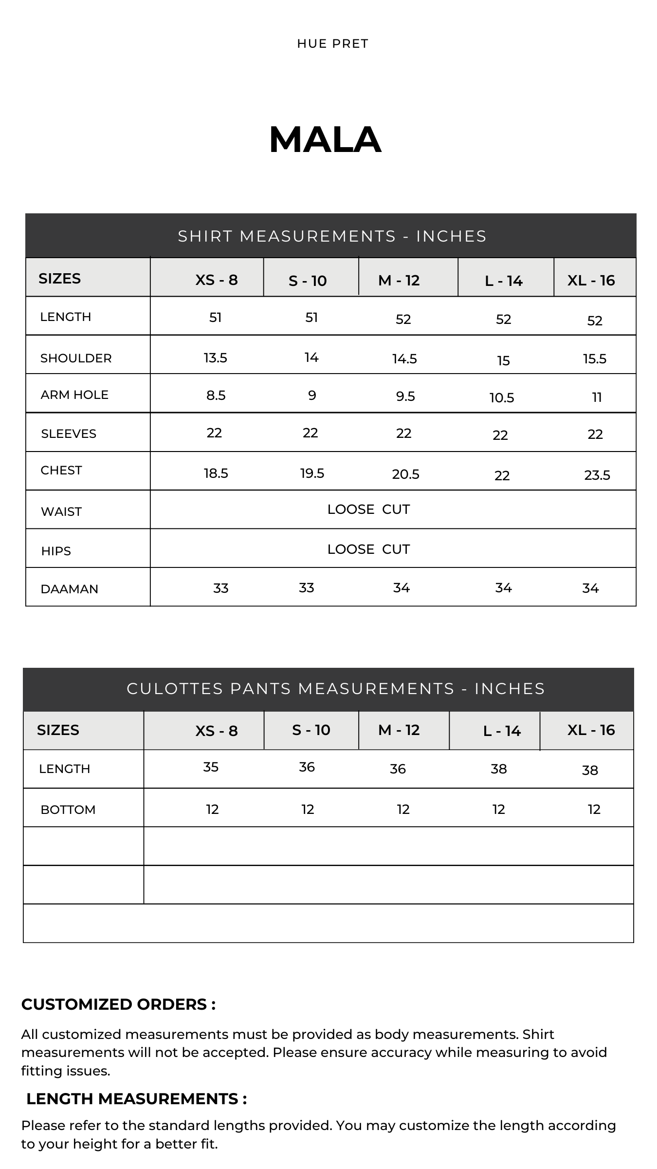 Size chart — Qabool Hai '25 - Mala