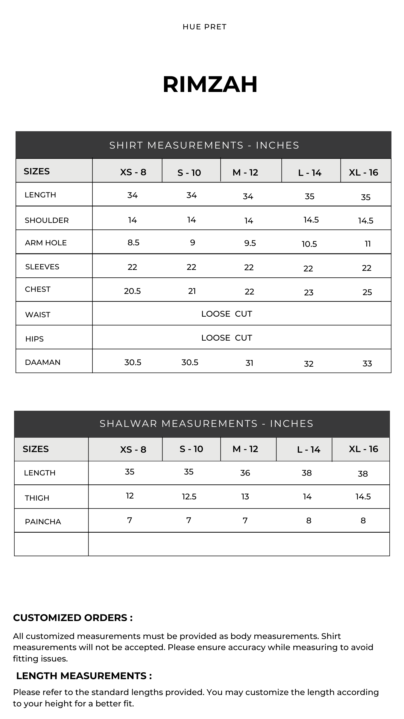 Size chart — Qabool Hai '25 - Rimzah