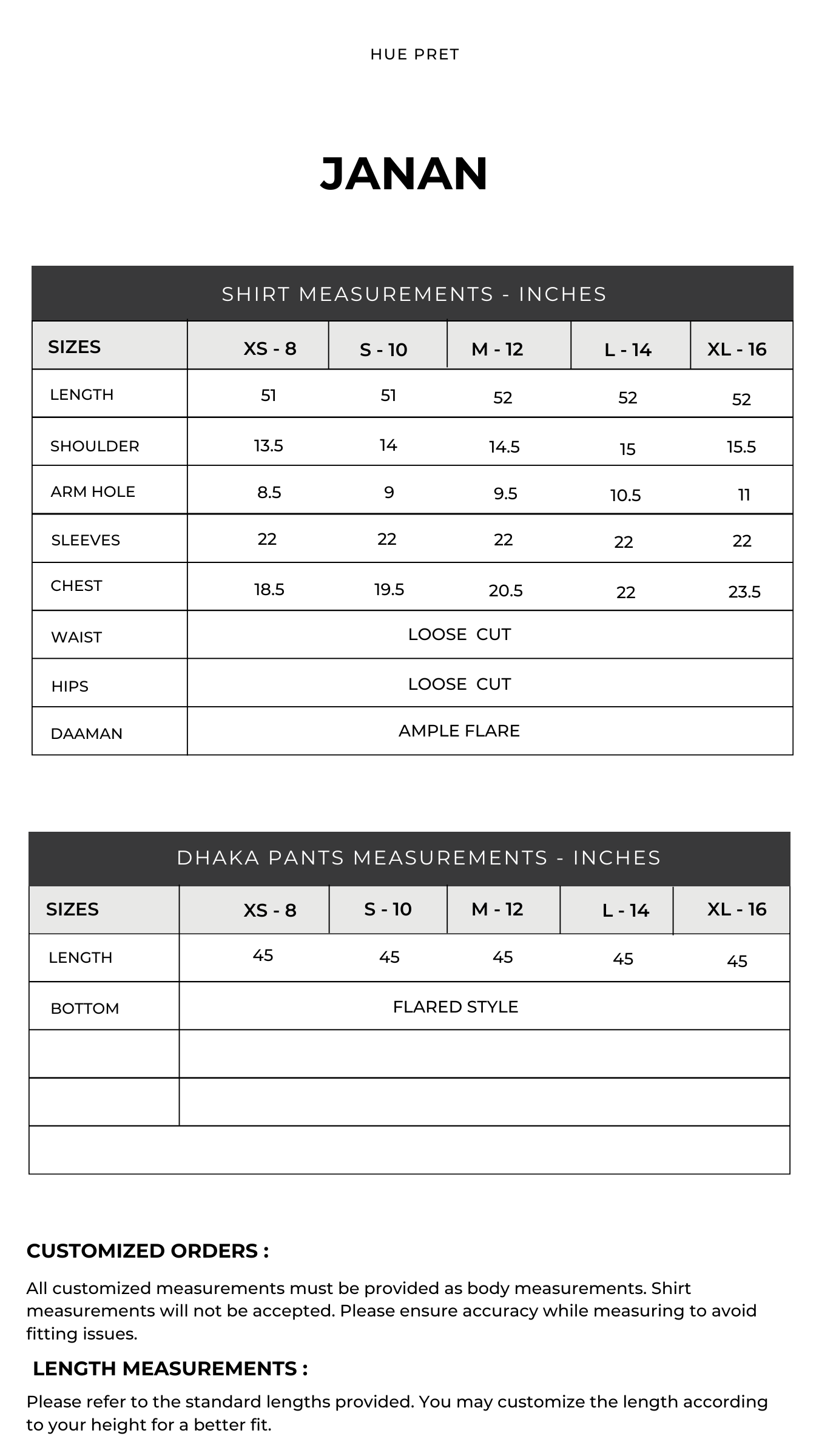 Size chart — Qabool Hai '25 - Janan