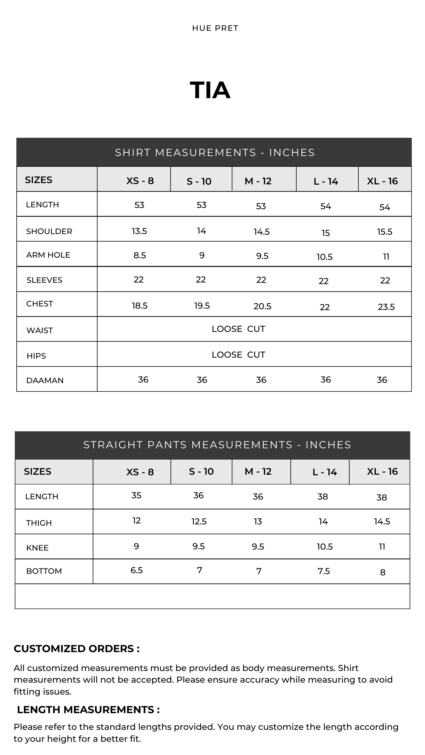 Size chart — Qabool Hai '25 - Tia